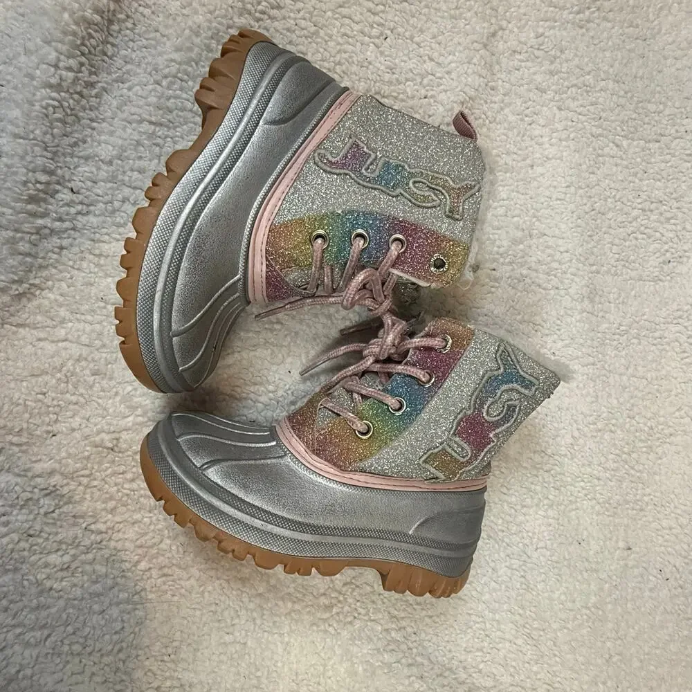 Juicy Couture Silver Glitter Rainbow Snow Winter Boots Girls Toddler 10 Faux Fur